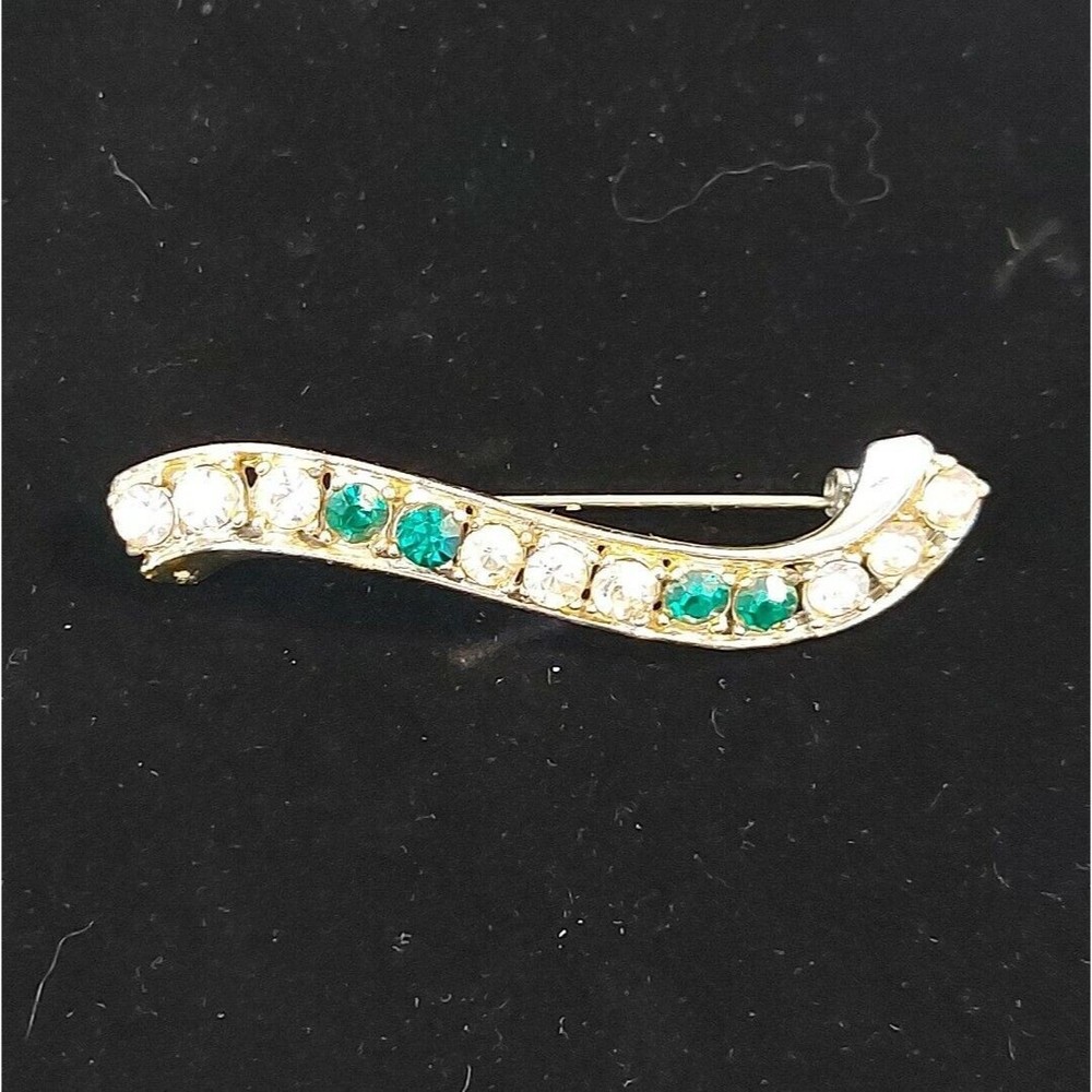 Vtg Ribbon Silver Tone With Clear Stones Statement brooch Pin 2.25" Signed